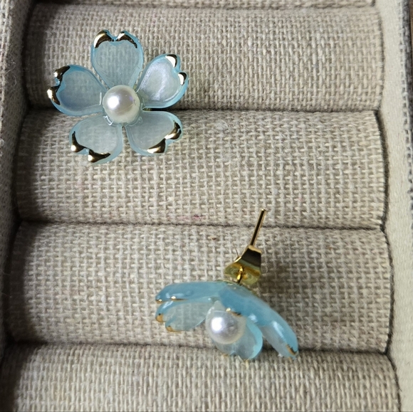 Blue and Gold Floral Earrings - Picture 1 of 4